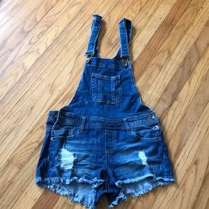 Distressed Denim Overall Shorts